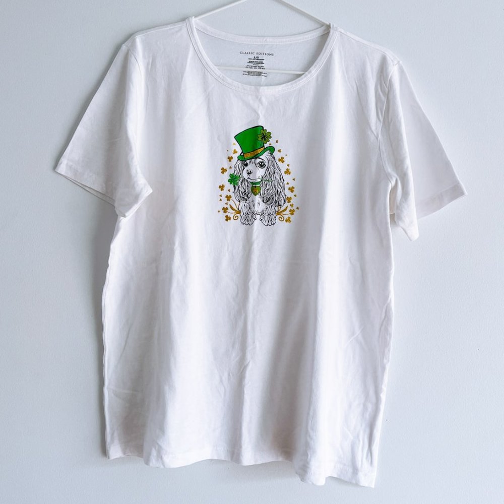 Classic Editions Soft White Graphic T-Shirt St-Patrick Day Irish Dog Print Tee L